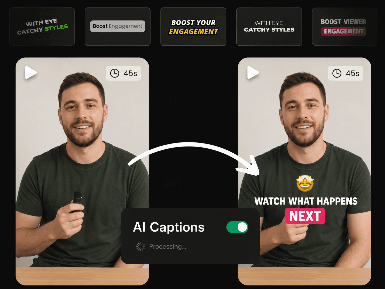 Animated captions styled on a vertical video in Eliro