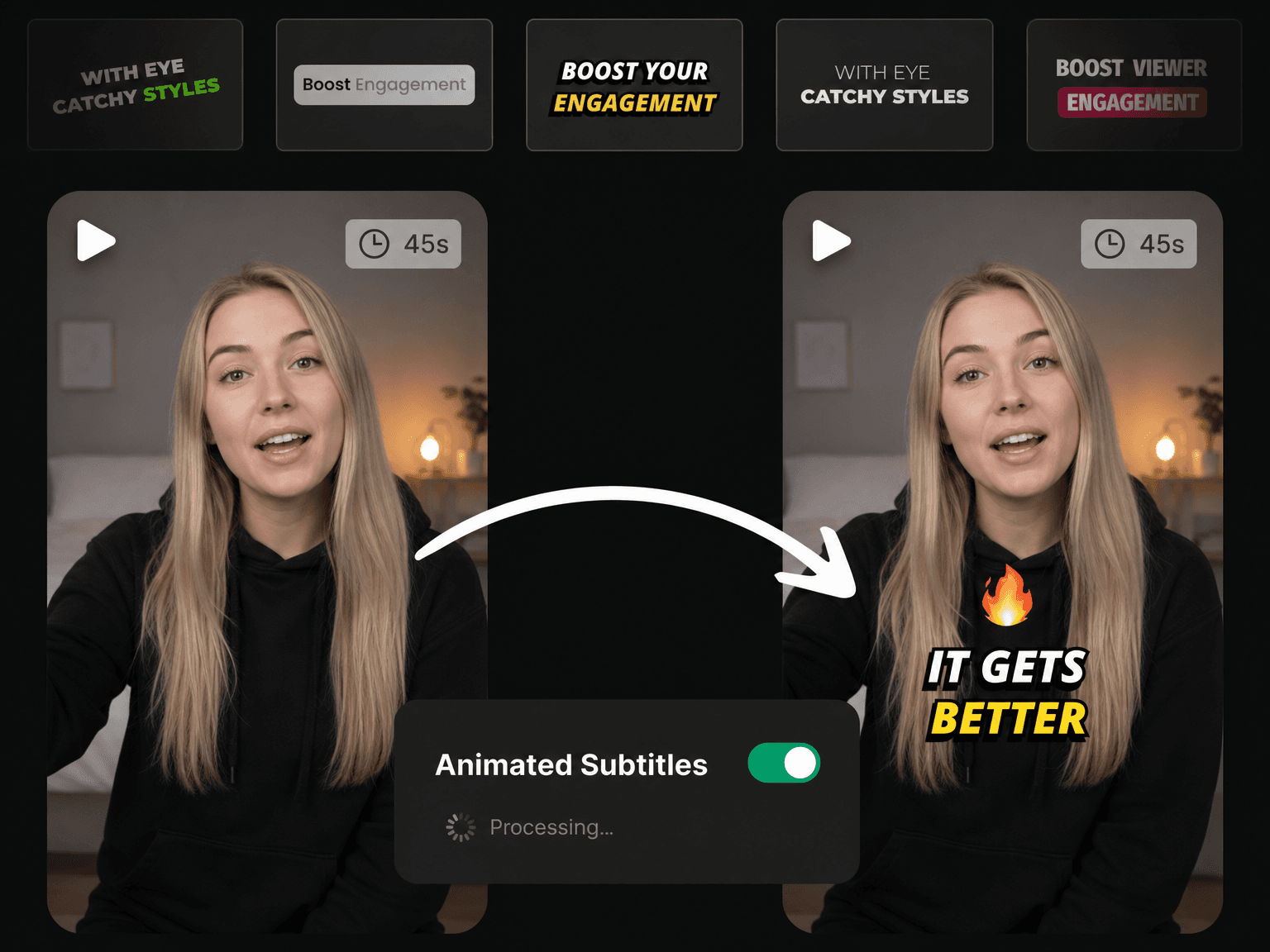 Animated caption styles on a vertical video in Eliro