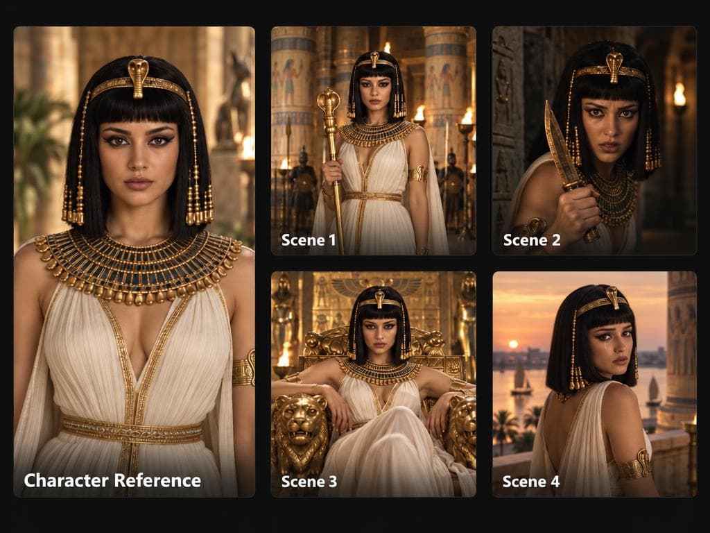 Cleopatra character reference beside four scenes she appears in: palace, dagger, throne and sunset