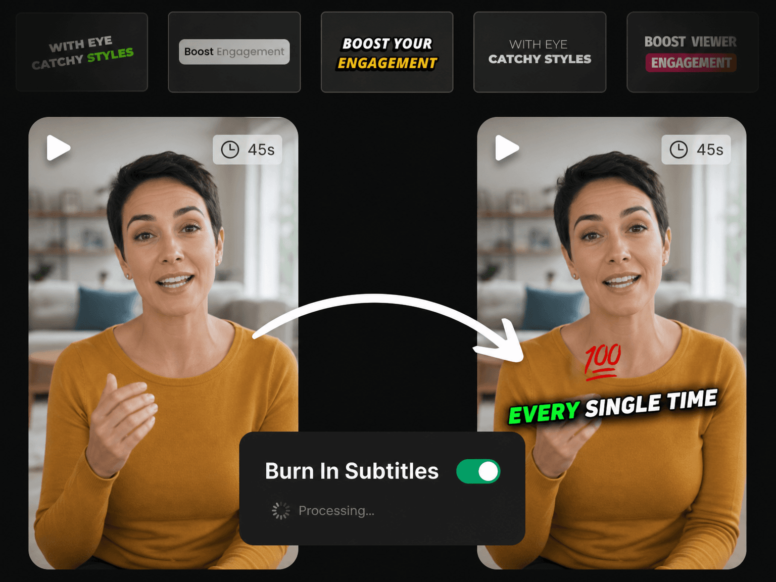 Styled subtitles burned permanently into a vertical video in Eliro