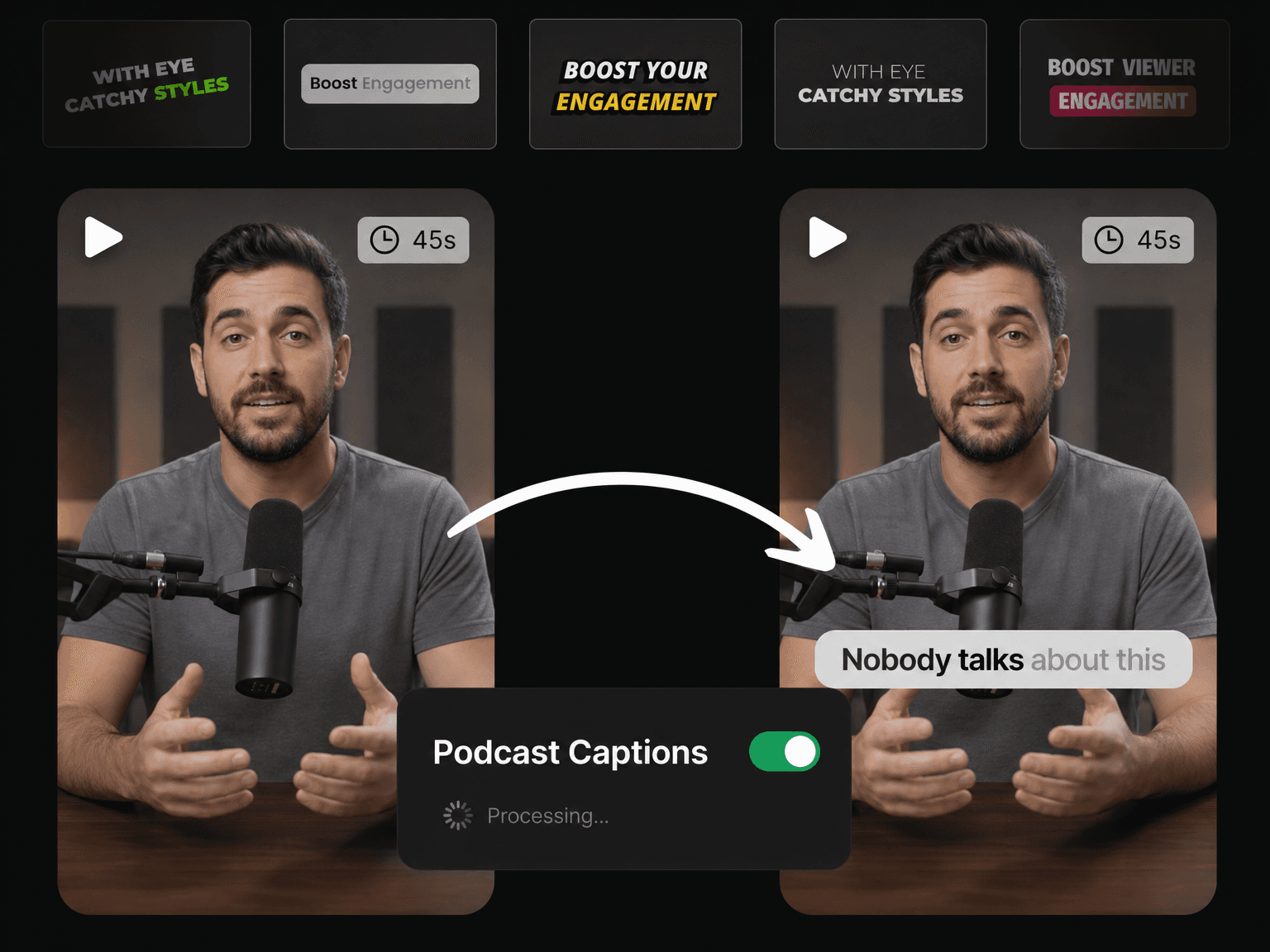 Subtitles on a podcast clip cut from a long episode in Eliro
