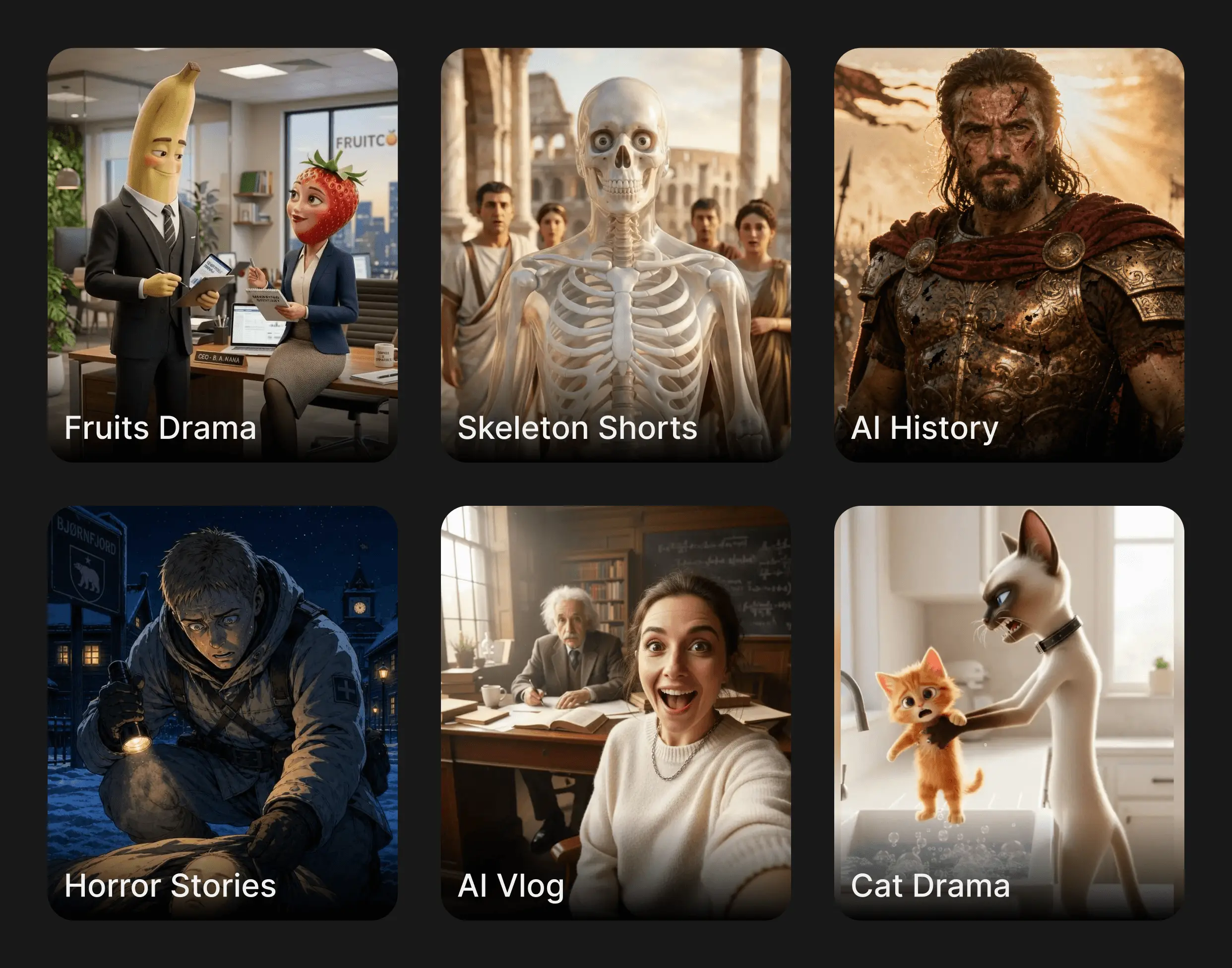 Eliro preset gallery spanning niches like AI history, horror shorts, and cat drama