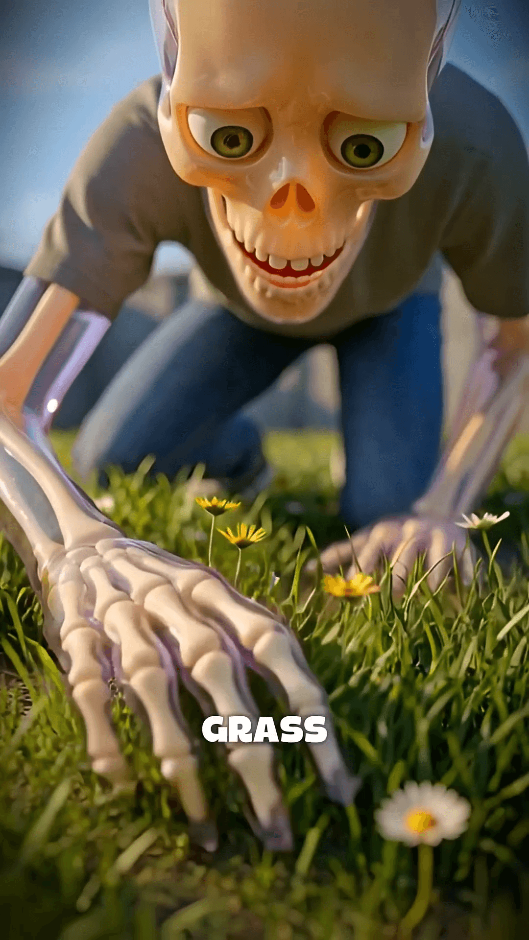 Skeleton touching grass