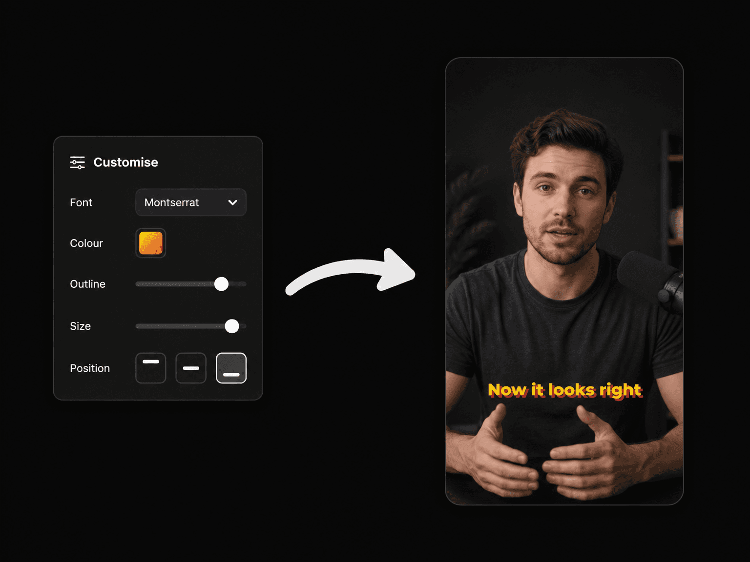 Caption styling controls for font, colour, stroke and position in Eliro