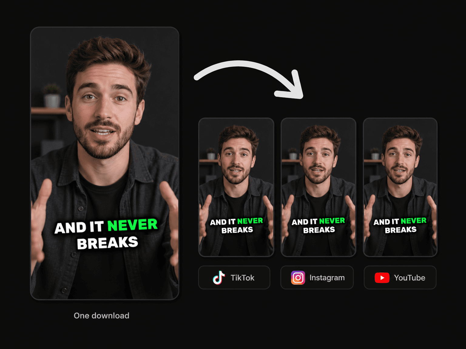 One captioned video playing identically across social platforms