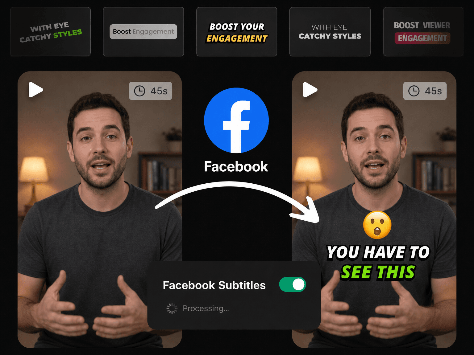 Animated subtitles on a Facebook video created with Eliro