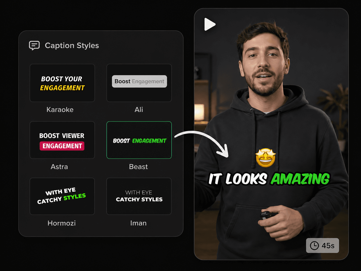 Viral caption style presets applied to a vertical video in Eliro