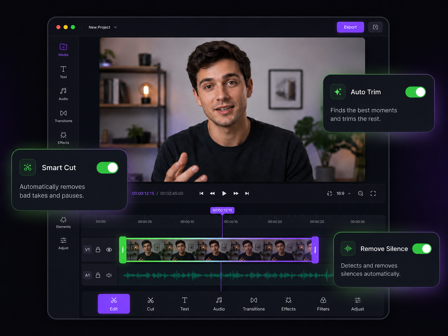 AI Video Splitter dividing a long podcast recording into multiple short clips